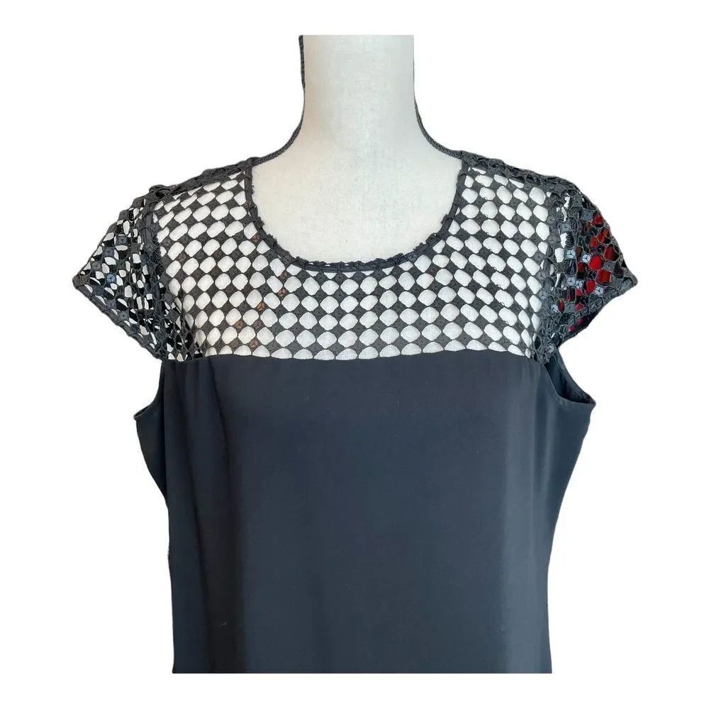 Calvin Klein Black Sequin Crochet Mesh Shift Dress Cap Sleeve Cocktail Size 14 - Picture 5 of 11